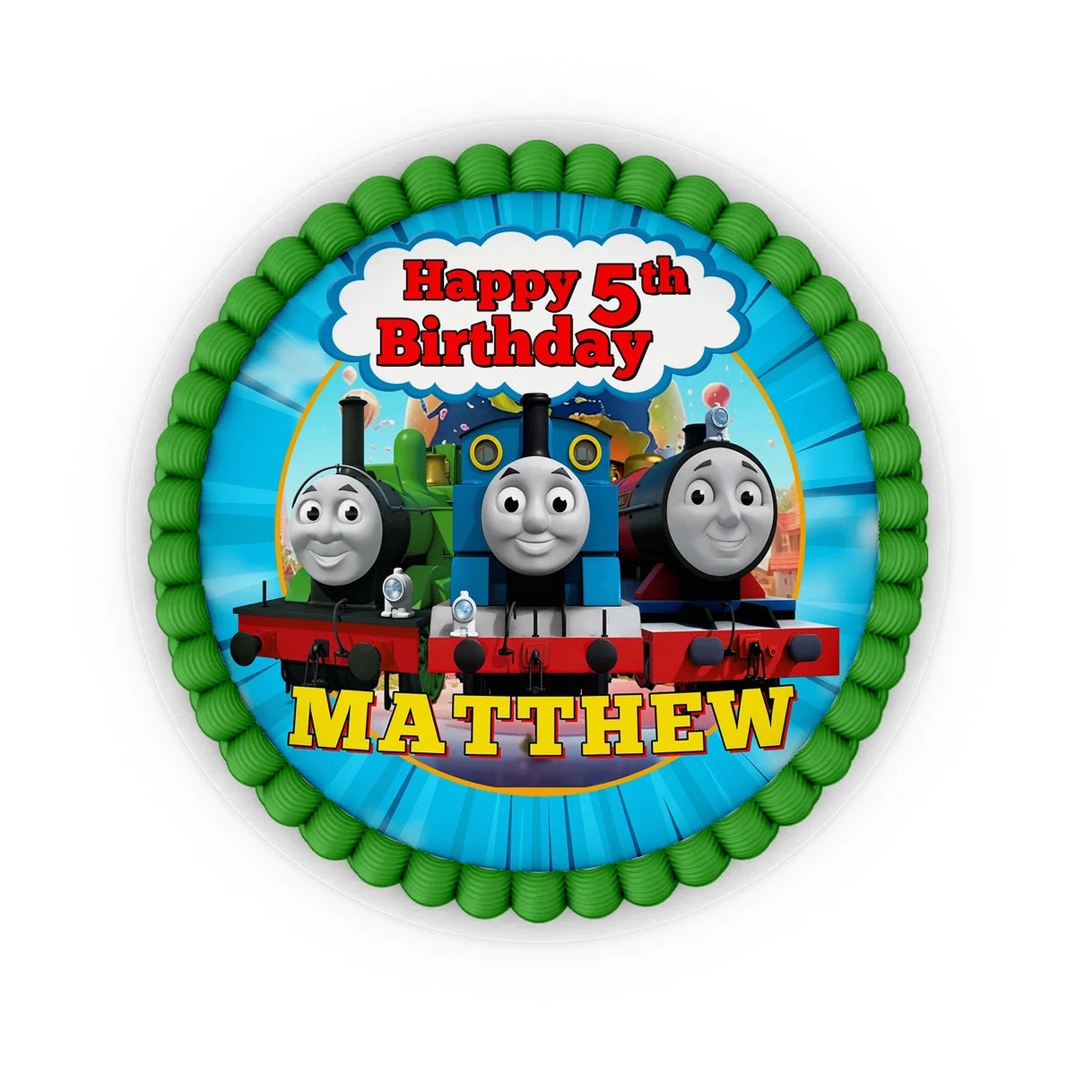 Thomas The Tank Engine Personalised Edible Birthday Cake Topper – Round, Icing Sheet, Blue