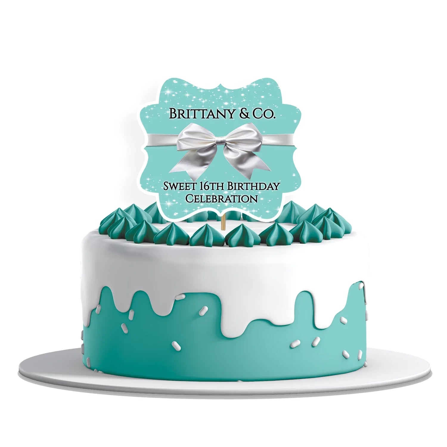 Tiffany & CO cake toppers featuring a classic blue bow and custom birthday age on a clean white background