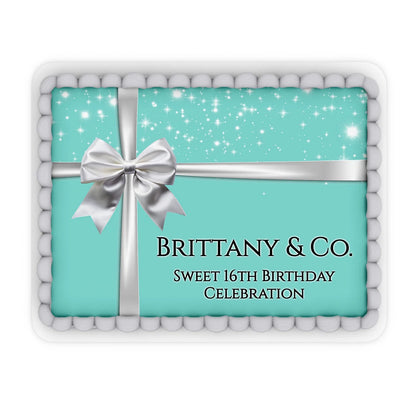 Tiffany & CO edible sheet cake images featuring luxury branding and custom message for large rectangular cakes