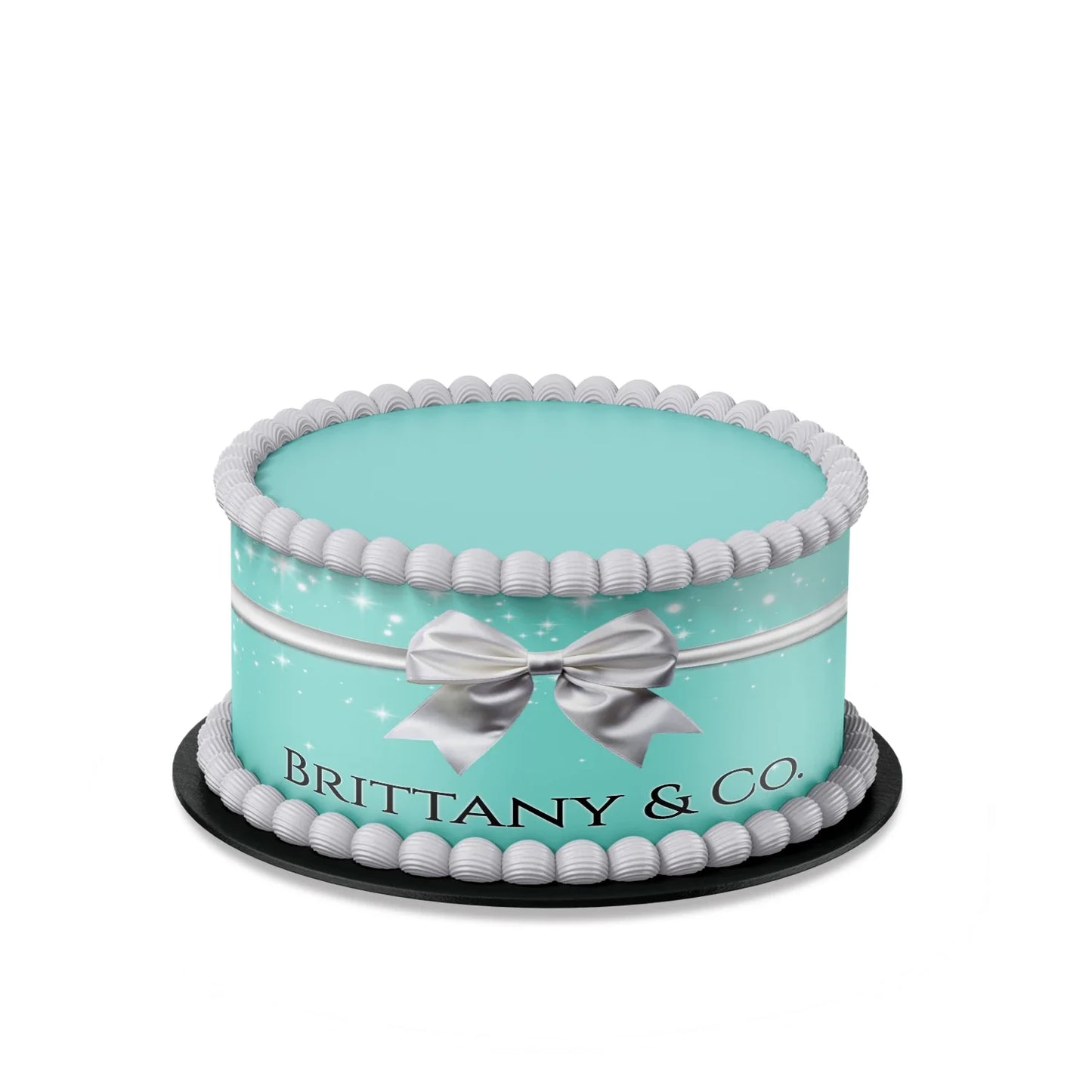 Tiffany & CO cake strips with teal blue ribbon pattern and personalized name for luxury dessert decoration