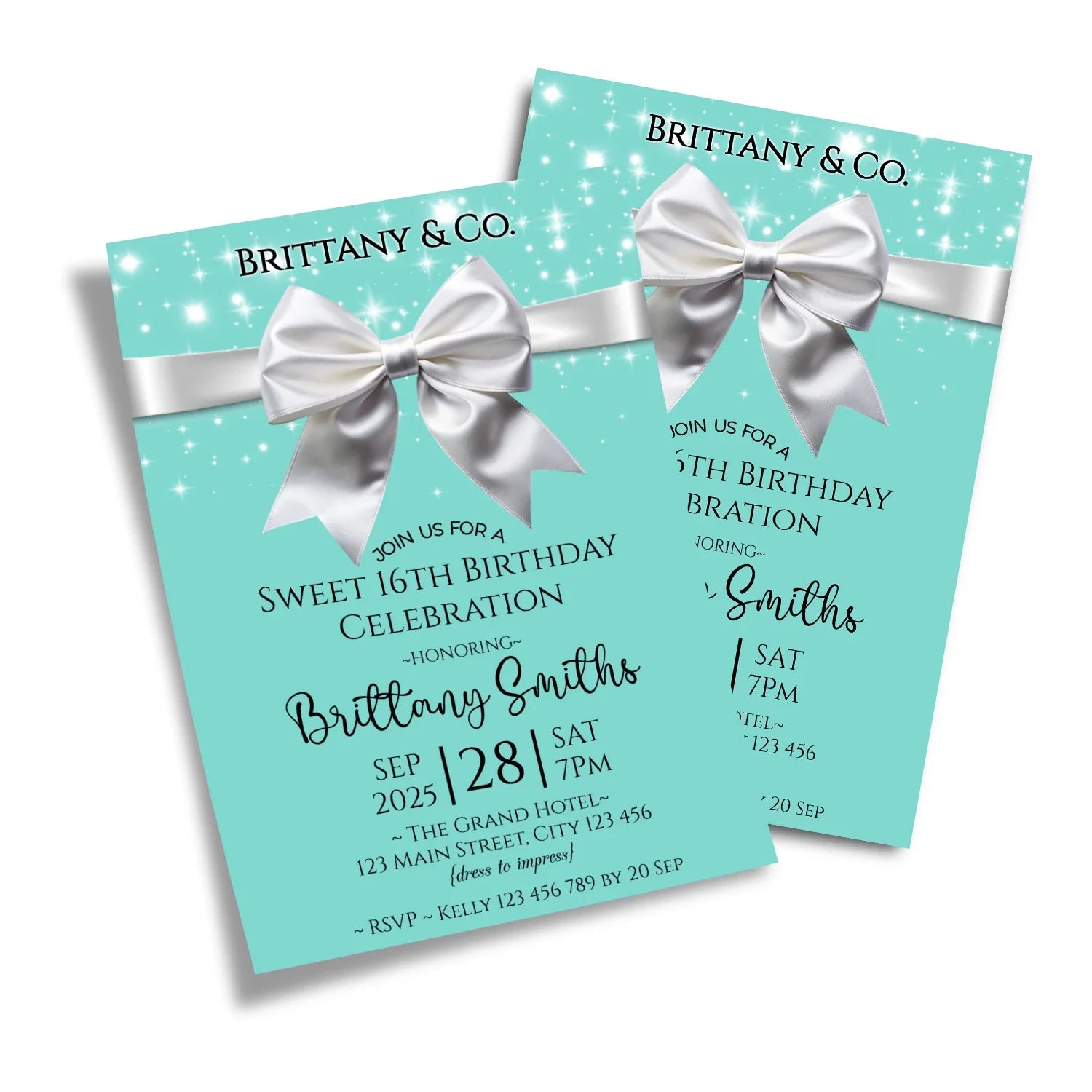 Tiffany & CO birthday card invitations with classic blue background and white ribbon design in a digital mockup