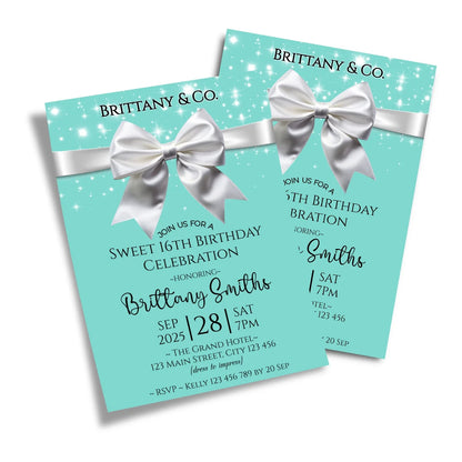 Tiffany & CO birthday card invitations with classic blue background and white ribbon design in a digital mockup