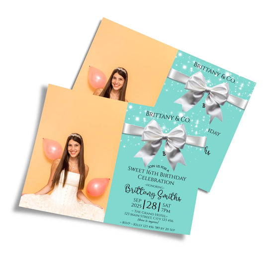 Tiffany & CO photo card invitations featuring a personalized picture frame and elegant luxury typography