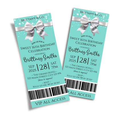Tiffany & CO birthday ticket invitations with teal blue perforated edges and custom event details for a luxury party