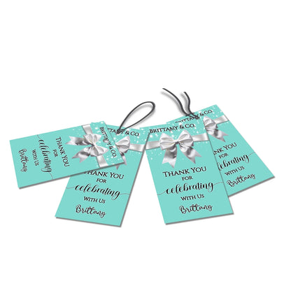 Tiffany & CO thank you tags with white ribbon graphics and personalized text on a teal blue background