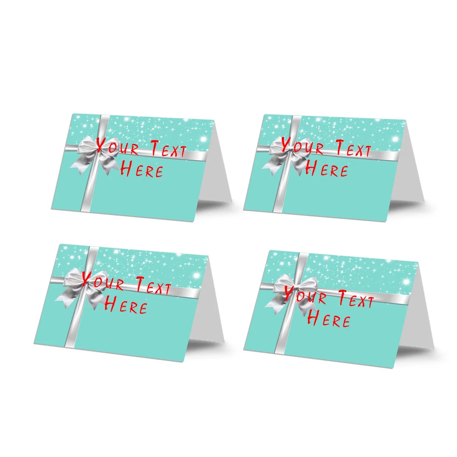Tiffany & CO food cards with elegant teal borders and custom menu text for a luxury buffet display