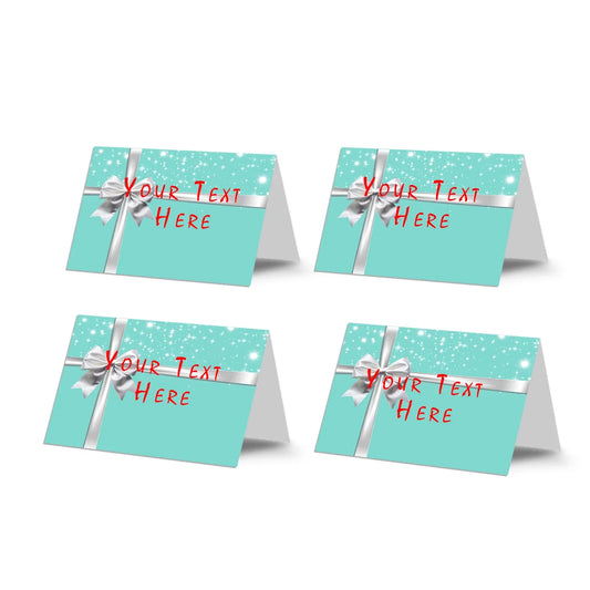 Tiffany & CO food cards with elegant teal borders and custom menu text for a luxury buffet display