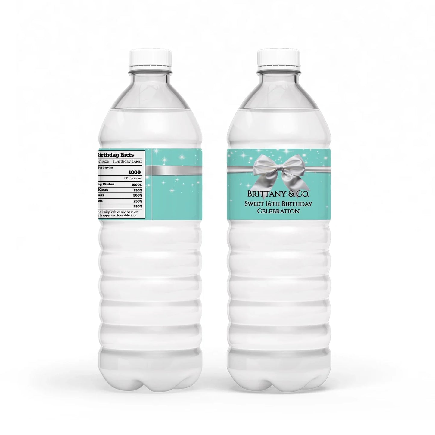 Tiffany & CO water bottle label with iconic blue background and personalized name in white script