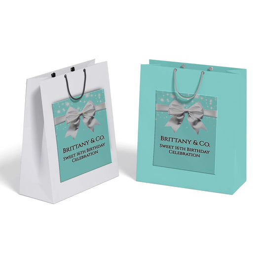 Tiffany & CO goodie bag label featuring teal blue luxury branding and custom name for party favors