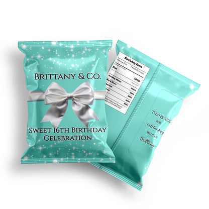 Tiffany & CO chips bag label with luxury blue pattern and personalized birthday message for party snacks