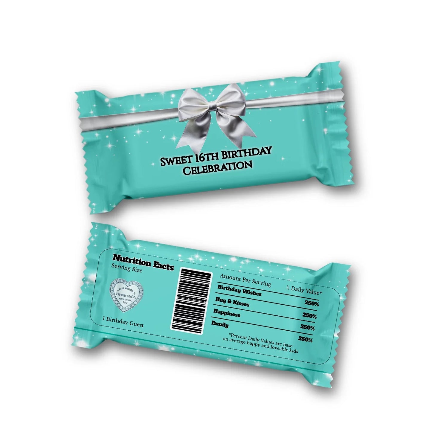 Tiffany & CO Rice Krispies and candy bar labels with teal blue ribbon design and personalized party text