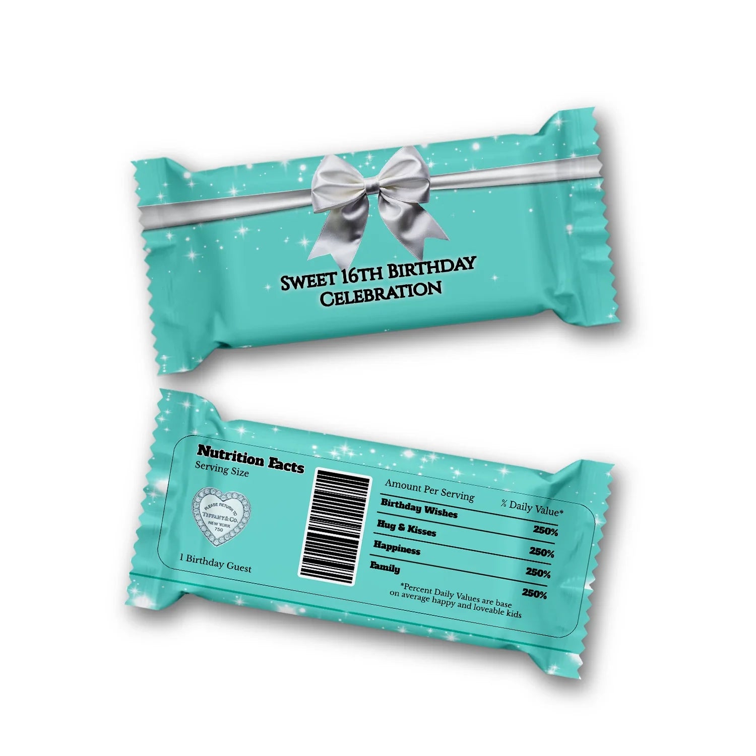 Tiffany & CO Rice Krispies and candy bar labels with teal blue ribbon design and personalized party text
