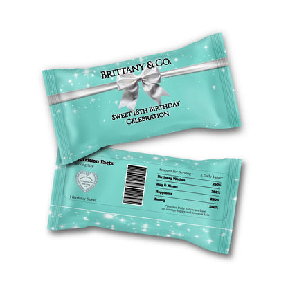 Tiffany & CO skittles label featuring classic blue branding and personalized birthday text for snack favors