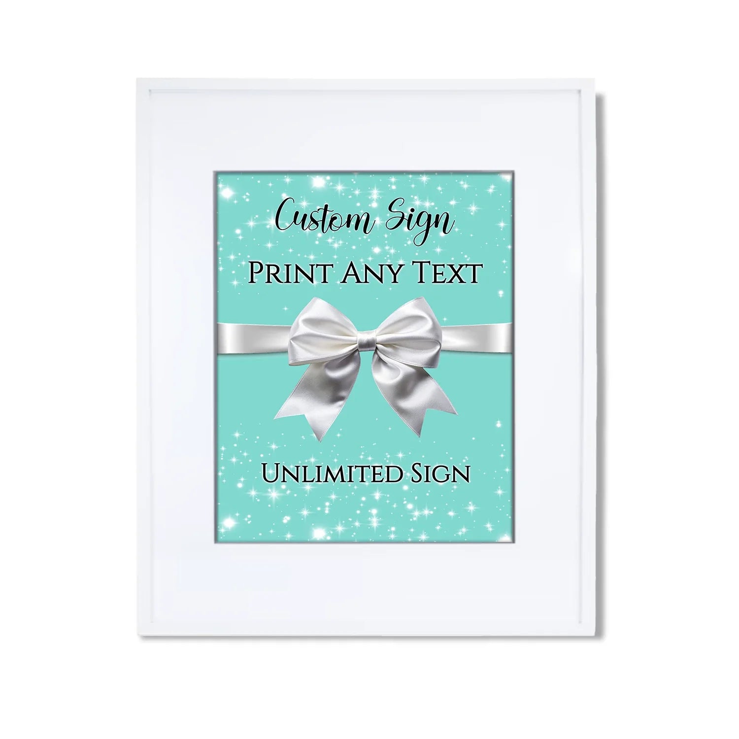 Tiffany & CO custom sign with luxury teal blue background and elegant white script for party decor