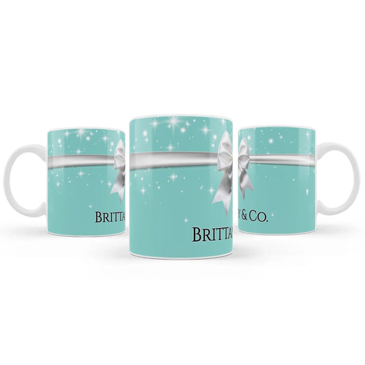 Tiffany & CO sublimation mug with classic blue box graphic and personalized name on a white ceramic surface