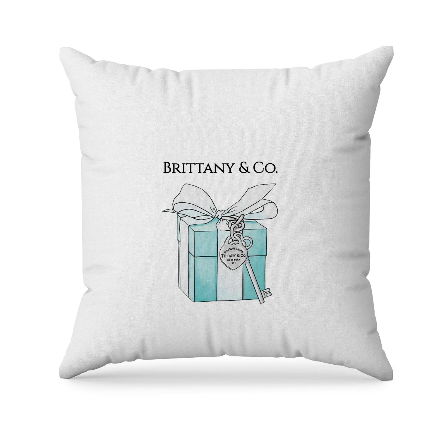 Tiffany & CO sublimation pillowcase with teal blue luxury branding and custom name on a white fabric texture