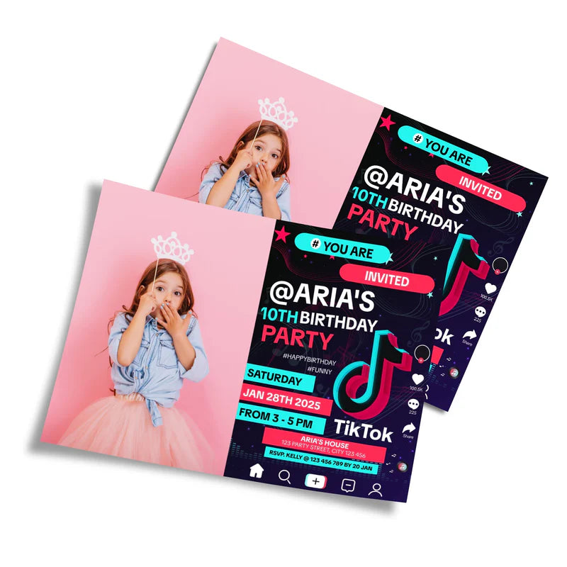 Tiktok photo invitation card personalized with name and event details