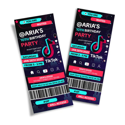 Tiktok ticket style birthday invitation with editable name and party info