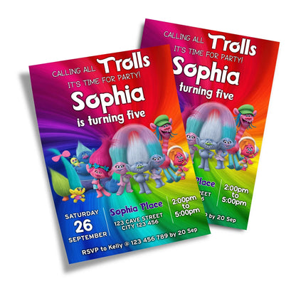 Trolls Personalized Birthday Card Invitations for Party celebrations