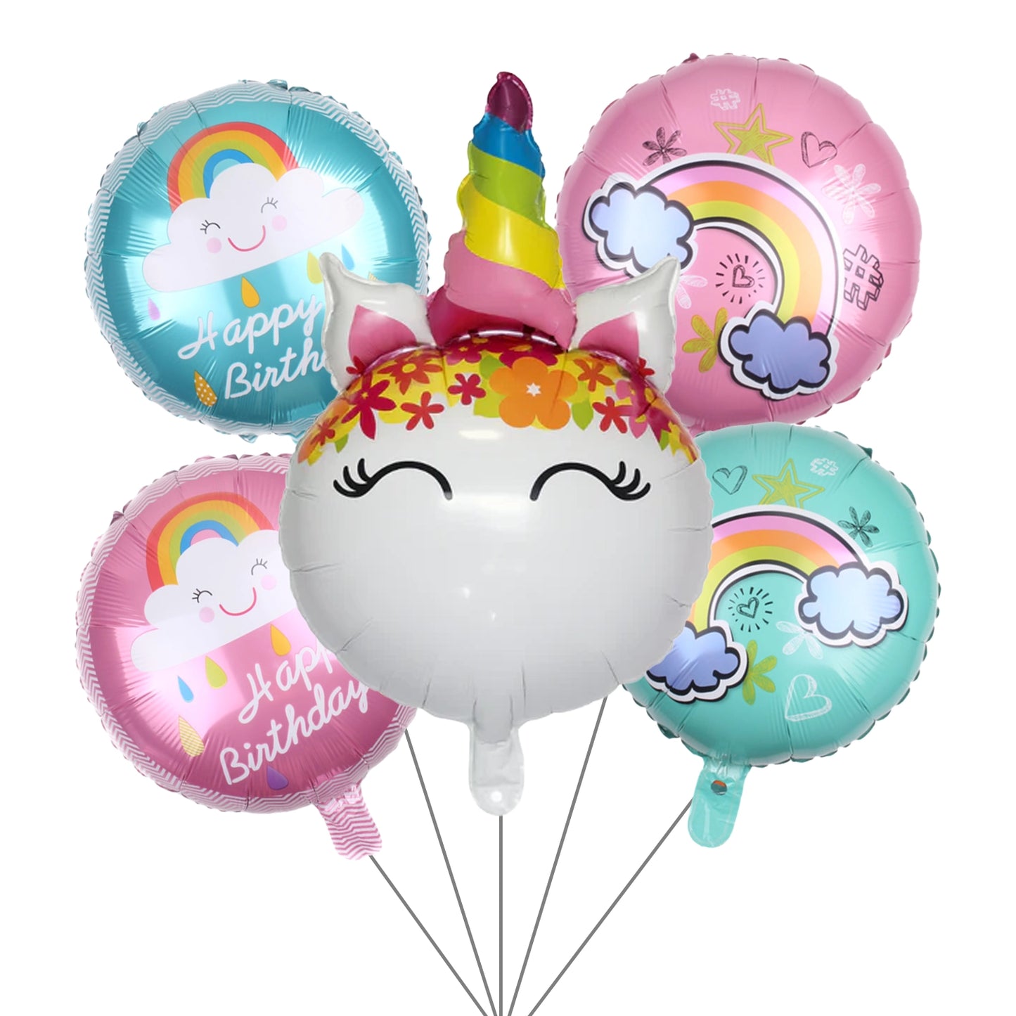 Unicorn Head Balloon Rainbow Color Pack of 5 Balloons Decoration Set