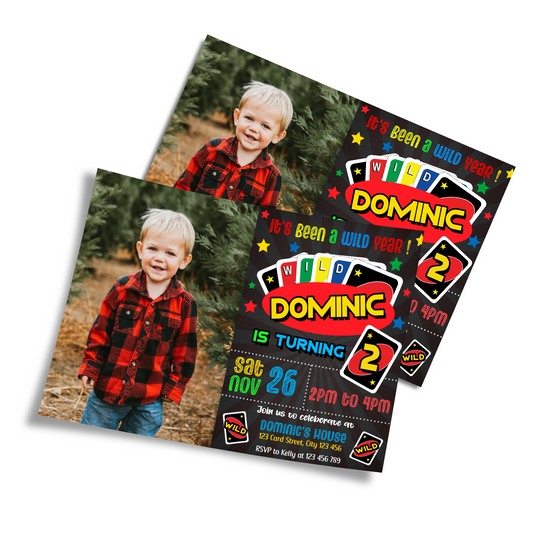 Custom photo card invitations with Uno cards design
