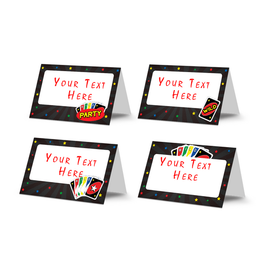 Uno cards themed food tent cards for party tables