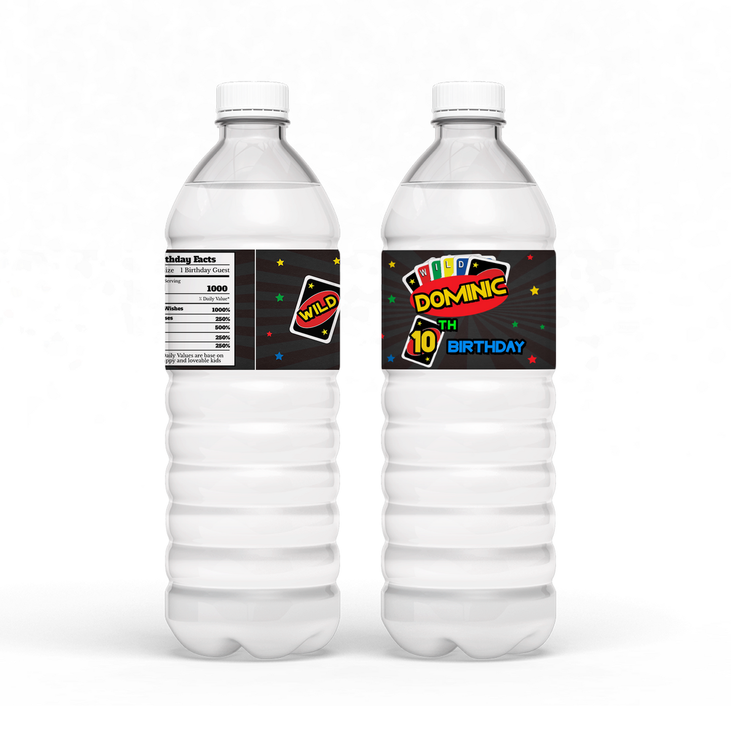 Personalized Uno cards water bottle labels for themed parties