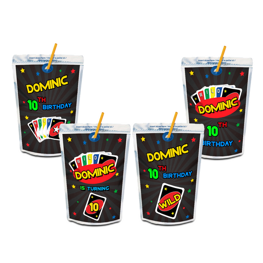 Uno cards design on juice pouch labels for birthday events