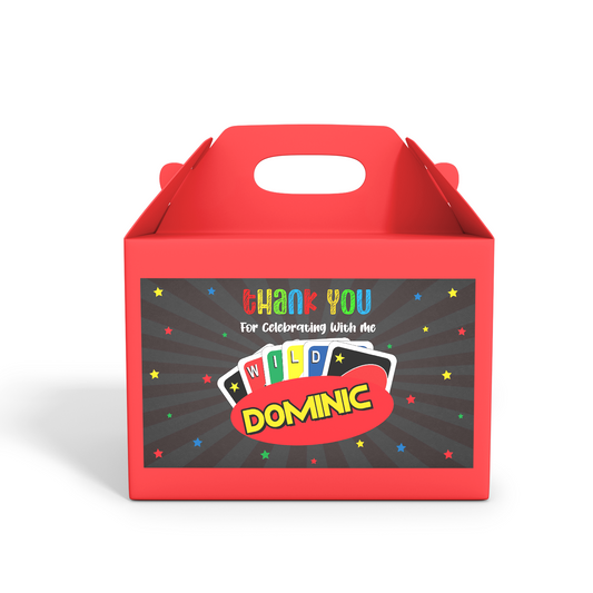 Custom treat box labels with Uno cards theme