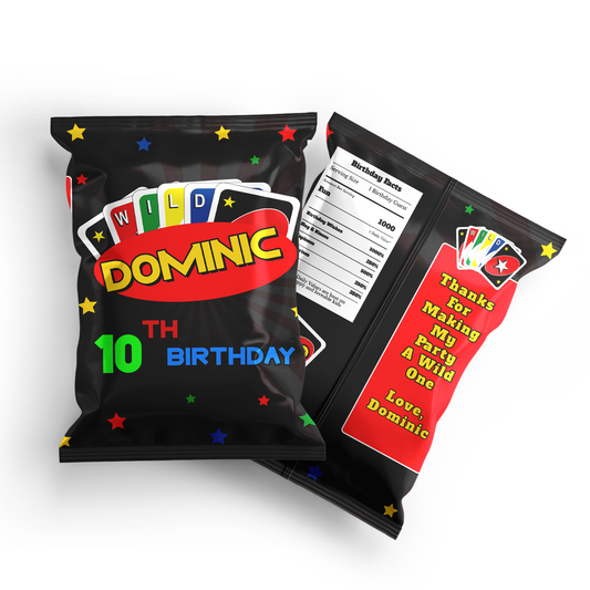 Custom chips bag label with Uno cards design