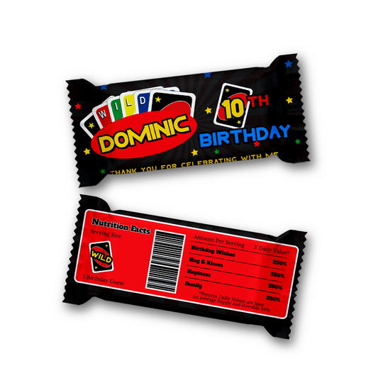 Custom labels for Rice Krispies Treats & candy bars with Uno cards theme
