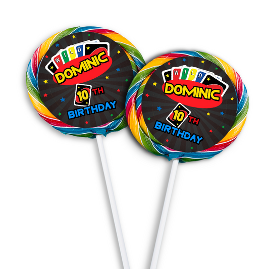 Personalized Uno cards lollipop labels for party sweets