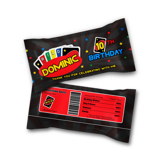 Custom Skittles candy label with Uno cards theme