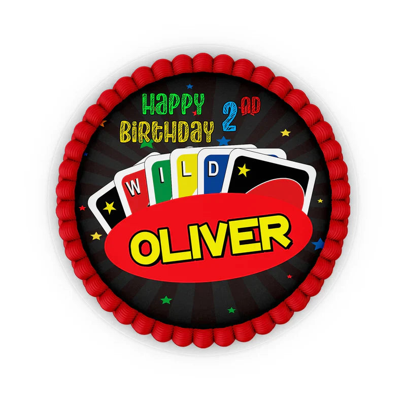 Uno edible icing cake images with personalized name and age, vibrant colors on frosting sheet, white backdrop