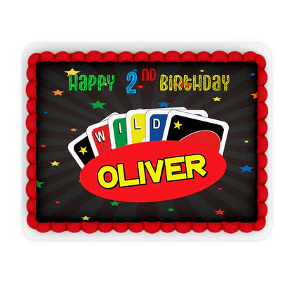 Uno sheet cake images in Uno color theme, printed edible toppers with personalized text, laid on white surface