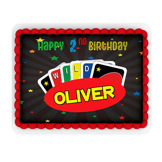 Uno sheet cake images in Uno color theme, printed edible toppers with personalized text, laid on white surface