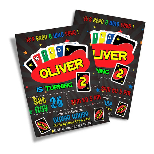 Uno birthday invitations with customizable text, red and yellow graphics on card stock, flat lay arrangement