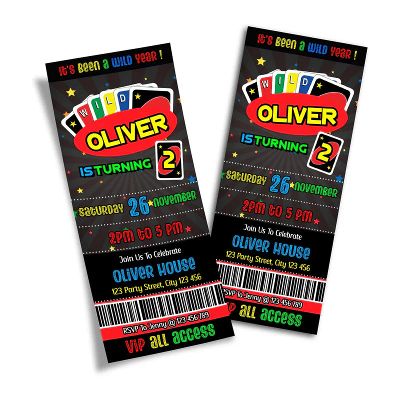 Uno birthday ticket invitations with barcode-style layout and bold Uno colors, printed on glossy card stock
