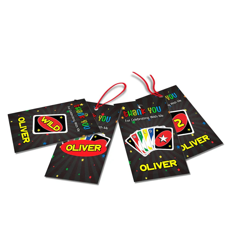 Uno thank you tags with personalized message in red and black color scheme, hole-punched, displayed flat