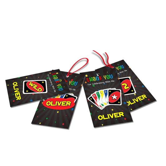 Uno thank you tags with personalized message in red and black color scheme, hole-punched, displayed flat