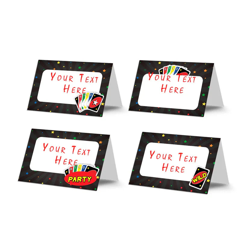 Uno food cards with editable fields, featuring classic Uno colors and bold font, laid flat on neutral surface
