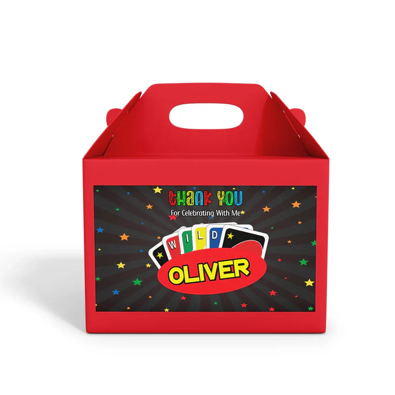 Uno treat box label with bright Uno theme, applied to top of box, featuring editable name field, flat lay