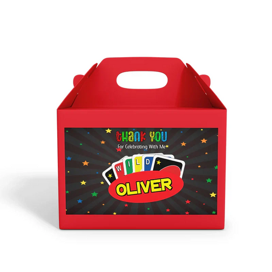 Uno treat box label with bright Uno theme, applied to top of box, featuring editable name field, flat lay
