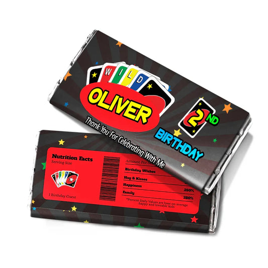 Uno chocolate label in classic Uno colors, wrapped on standard candy bar, custom name and birthday year