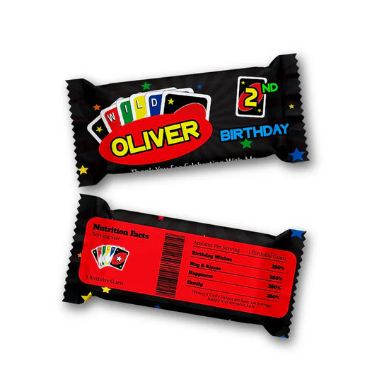 Uno Rice Krispies and candy bar label combo, colorful Uno design, wrapped on treats, white background