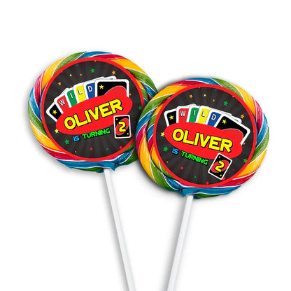 Uno lollipop label with circular custom text in red and yellow theme, adhered to wrapped round candy