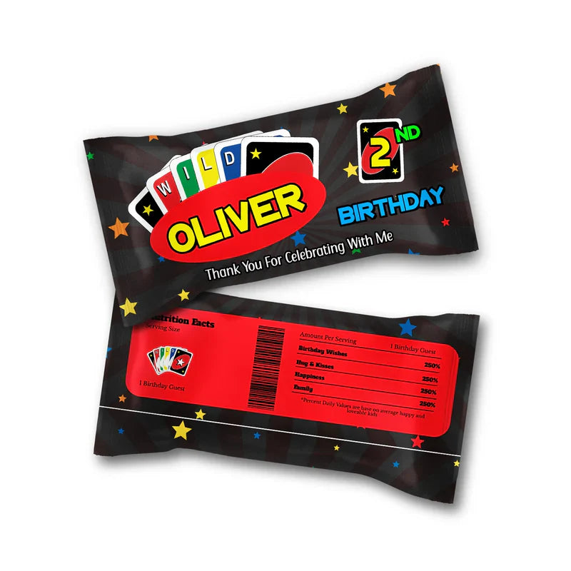 Uno Skittles label with fun, colorful design and editable name, wrapped around candy packet, white backdrop