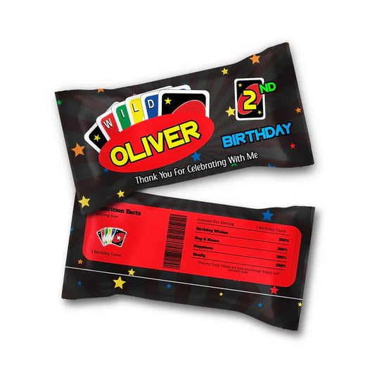 Uno Skittles label with fun, colorful design and editable name, wrapped around candy packet, white backdrop