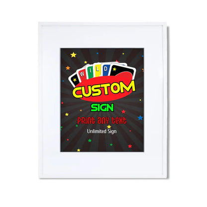 Uno custom sign with large name and age text in Uno-style graphics, displayed vertically, party background