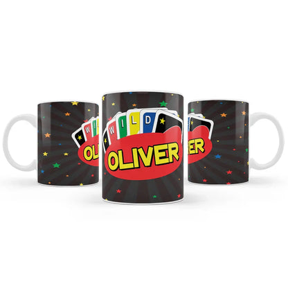 Uno sublimation mug with personalized name in Uno font, white ceramic surface, front-facing on white table